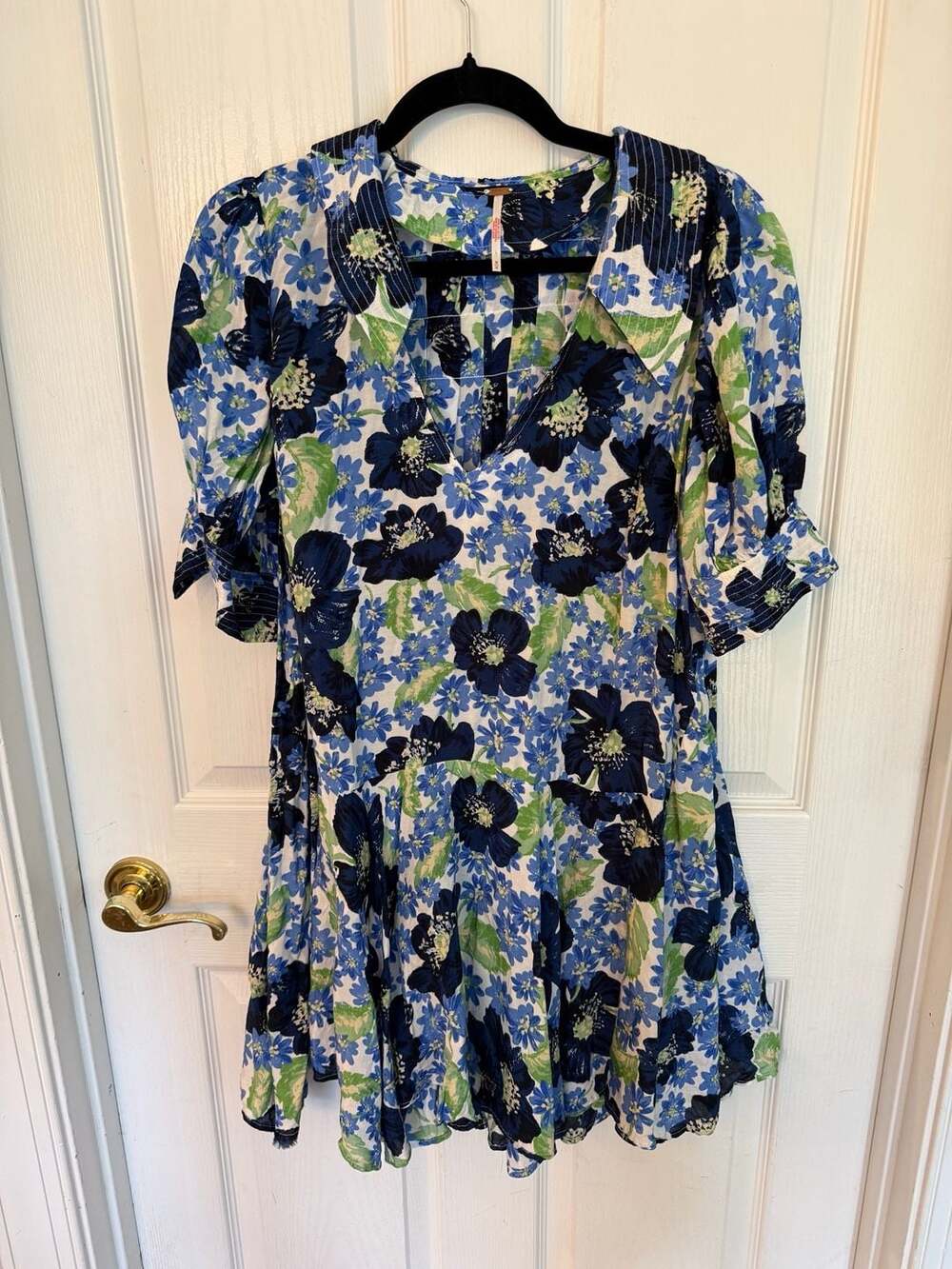 Free People Moon Chaser Tiered Puff Sleeve Collared Shift Mini Dress